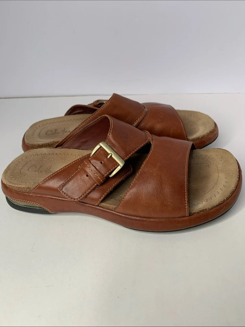 Cole Haan Cognac Brown Leather Slide Mules with Buckle. Size Men's 9M